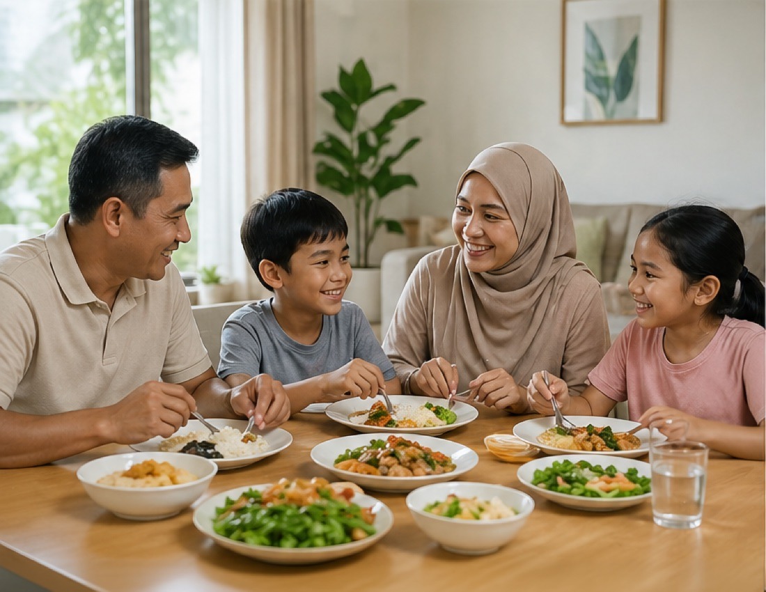 Keluarga sihat menikmati pemakanan seimbang